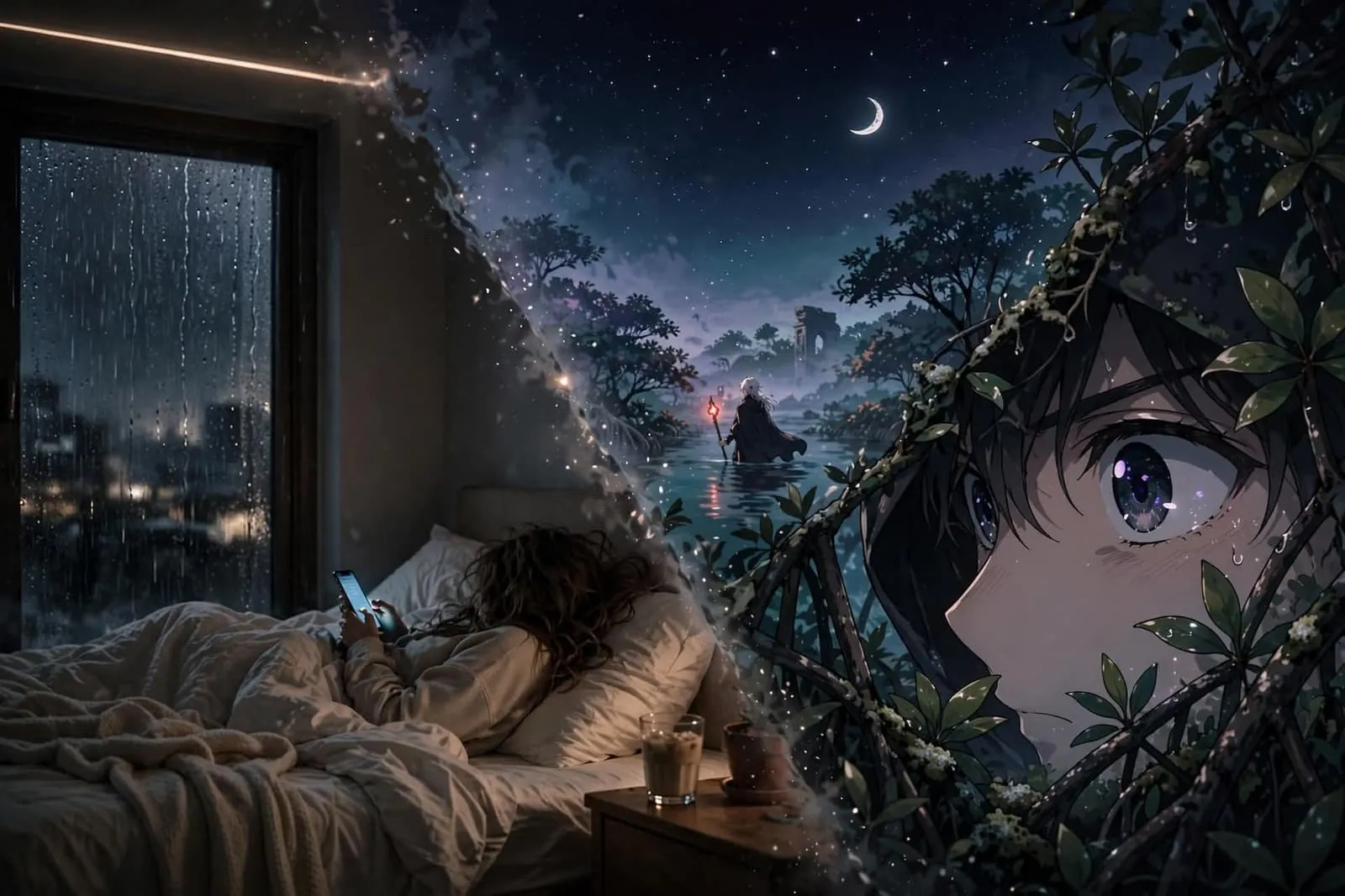 A woman in bed looking at her phone while a mage raises a flaming staff in the mangrove and a hooded figure watches from the foliage